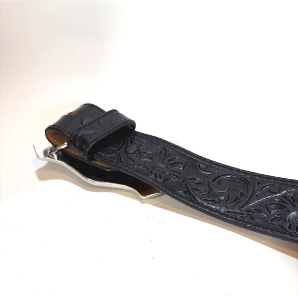 NWOT Justin Handcrafted Tooled Black Leather Belt With Longhorn Buckle - Picture 5 of 6